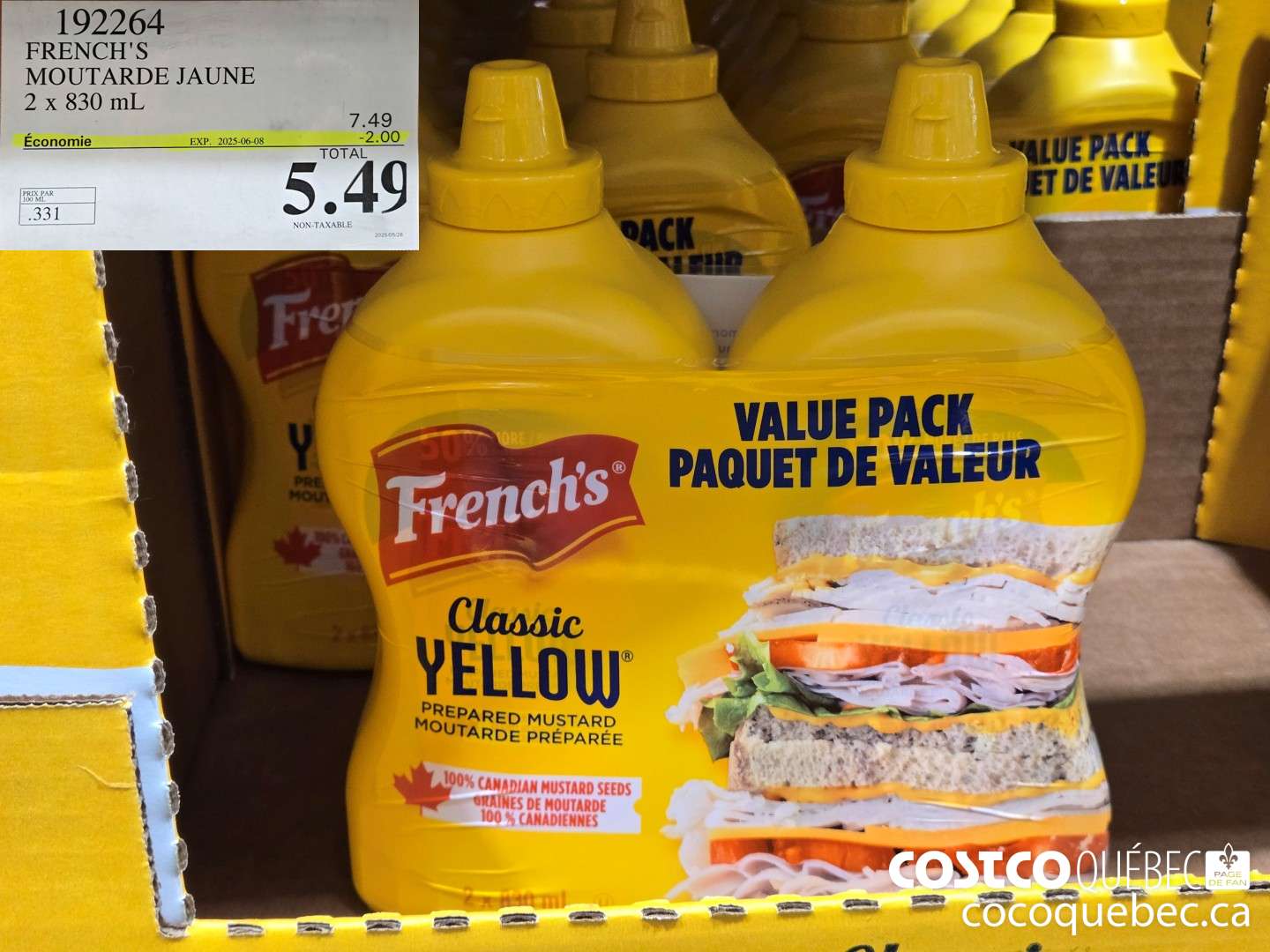 192264 FRENCH'S MOUTARDE JAUNE 2 x 830 mL ($2.00 INSTANT SAVINGS EXPIRES ON 2025-06-08) $5.49