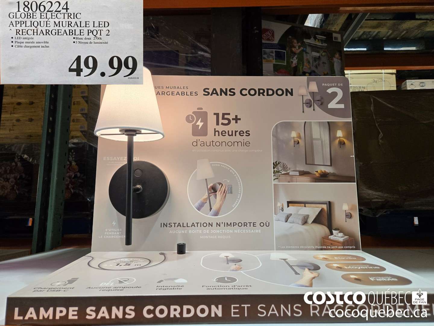 1806224 GLOBE ELECTRIC APPLIQUE MURALE LED RECHARGEABLE PQT 2  $49.99