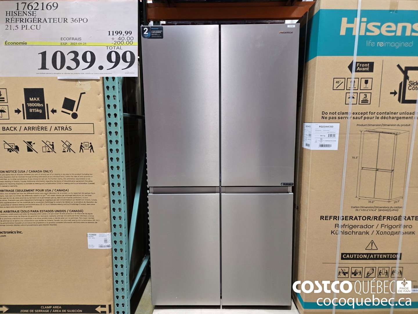 1762169 HISENSE REFRIGERATEUR 36PO 215 PLCU  ($200.00 INSTANT SAVINGS EXPIRES ON 2025-05-25) $1039.99