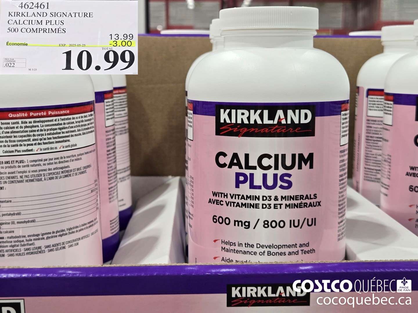 462461 KIRKLAND SIGNATURE CALCIUM PLUS 500 COMPRIMES  ($3.00 INSTANT SAVINGS EXPIRES ON 2025-05-25) $10.99