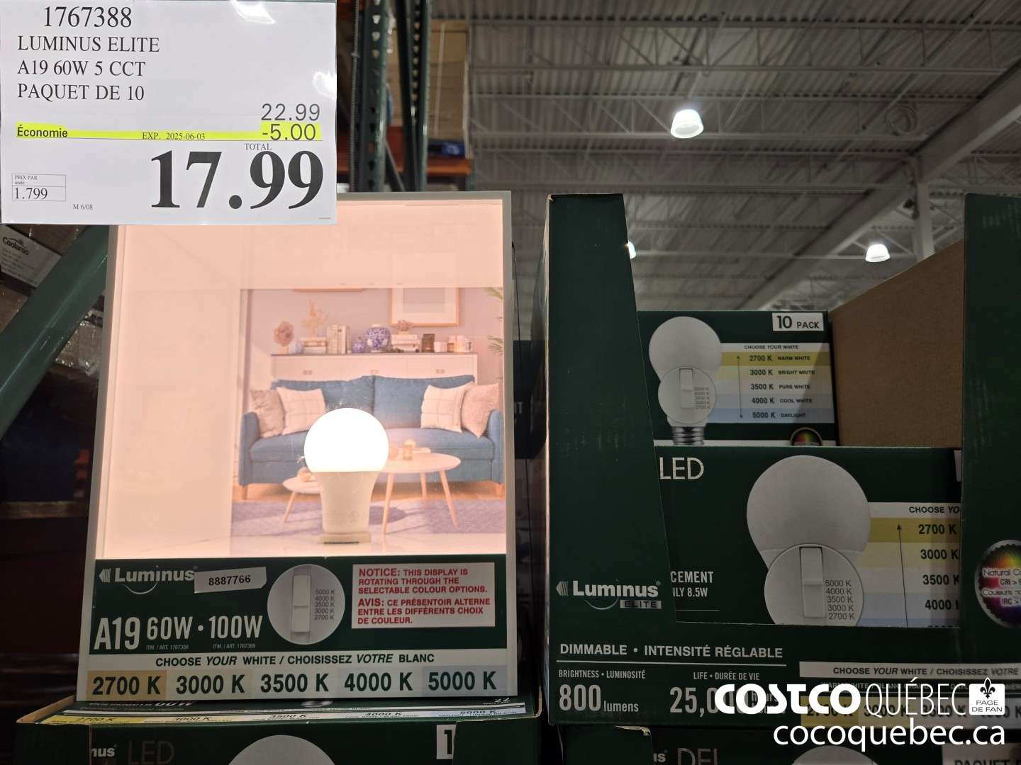 1767388 LUMINUS ELITE A19 60W 5 CCT PAQUET DE 10  ($5.00 INSTANT SAVINGS EXPIRES ON 2025-06-12) $17.99