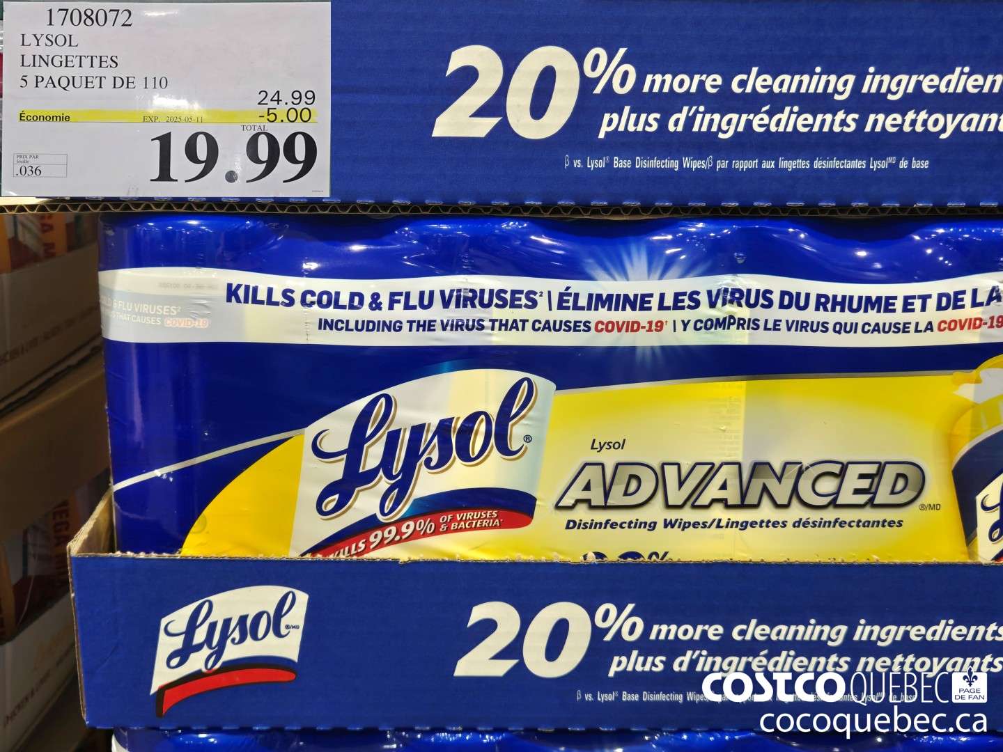 1708072 LYSOL LINGETTES 5 PAQUET DE 110  ($5.00 INSTANT SAVINGS EXPIRES ON 2025-05-11) $19.99
