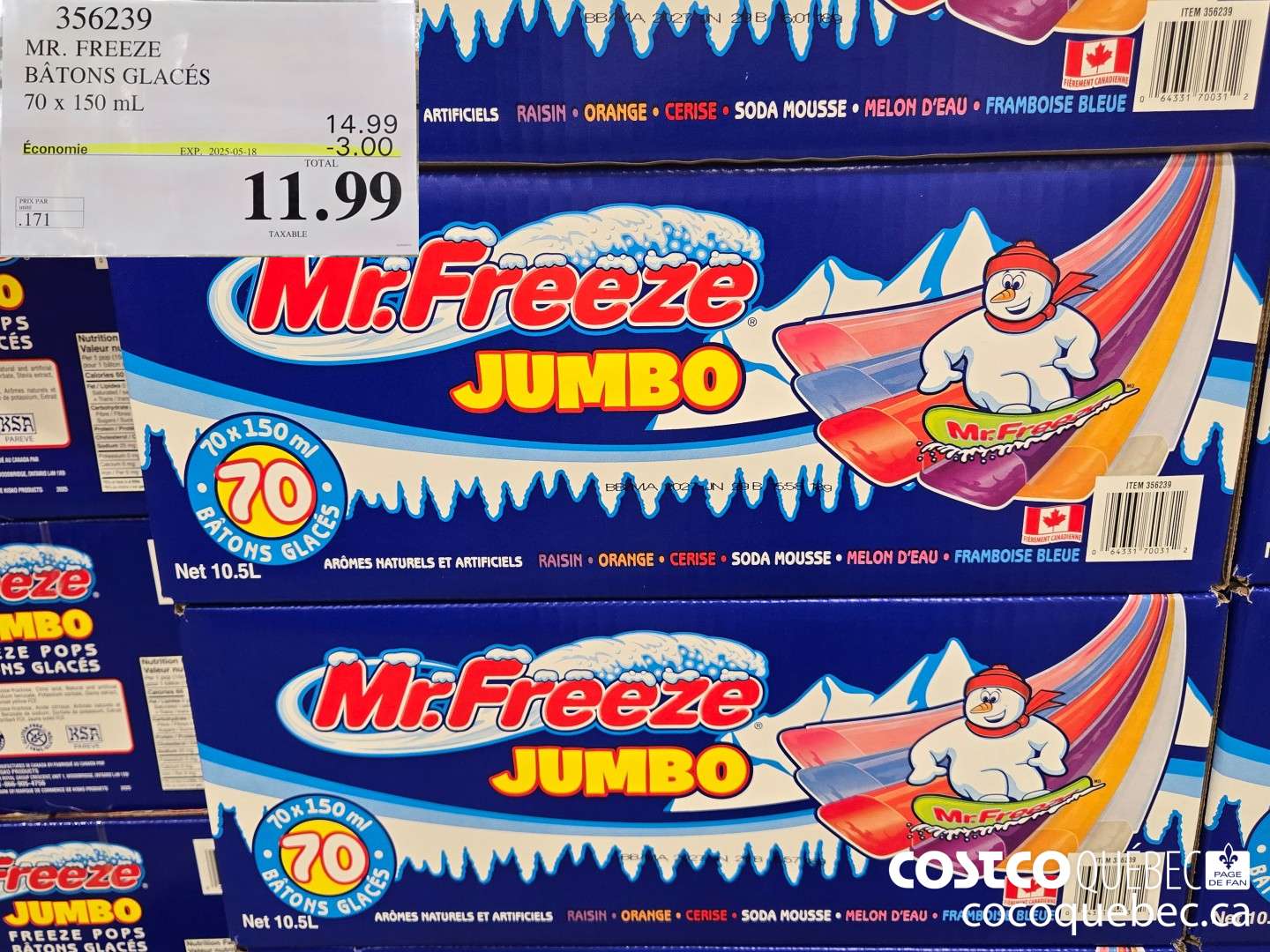 356239 MR. FREEZE BATONS GLACES 70 x 150 mL ($3.00 INSTANT SAVINGS EXPIRES ON 2025-05-18) $11.99