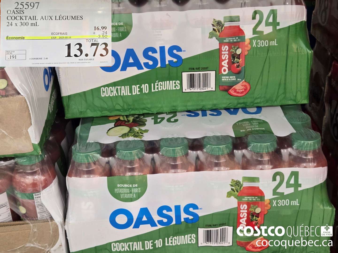 25597 OASIS COCKTAIL AUX LEGUMES 24 x 300 mL 13.773  ($3.50 INSTANT SAVINGS EXPIRES ON 2025-05-18) $13.53