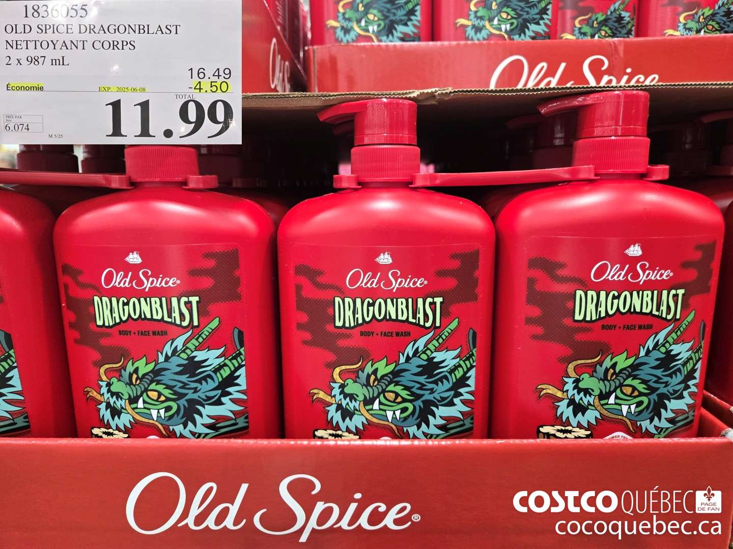 1836055 OLD SPICE DRAGONBLAST NETTOYANT CORPS 2 x 987 mL  ($4.50 INSTANT SAVINGS EXPIRES ON 2025-06-08) $11.99