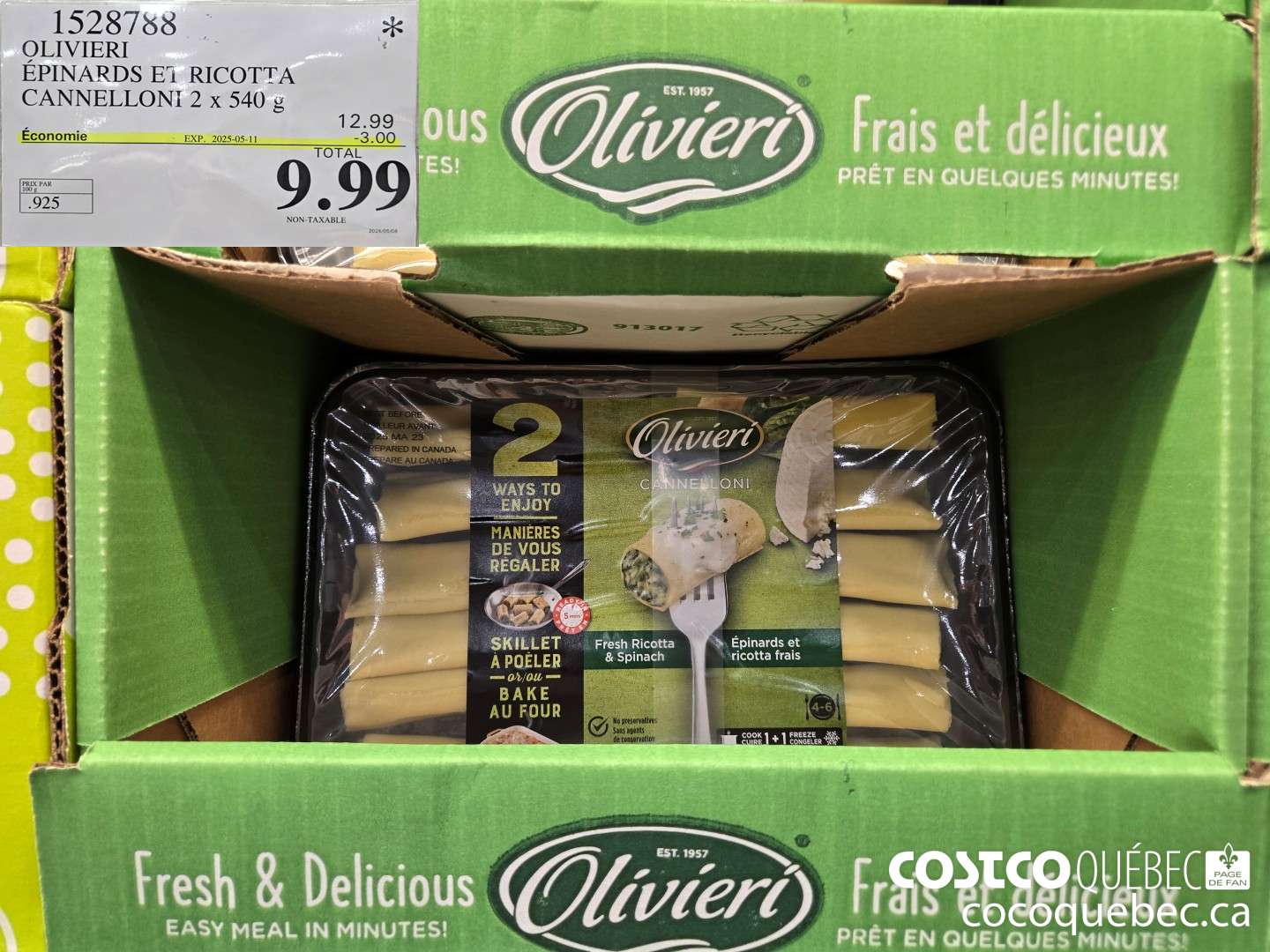 1528788 OLIVIERI EPINARDS ET RICOTTA CANNELLONI 2 x 540 g  ($3.00 INSTANT SAVINGS EXPIRES ON 2025-04-17) $9.99