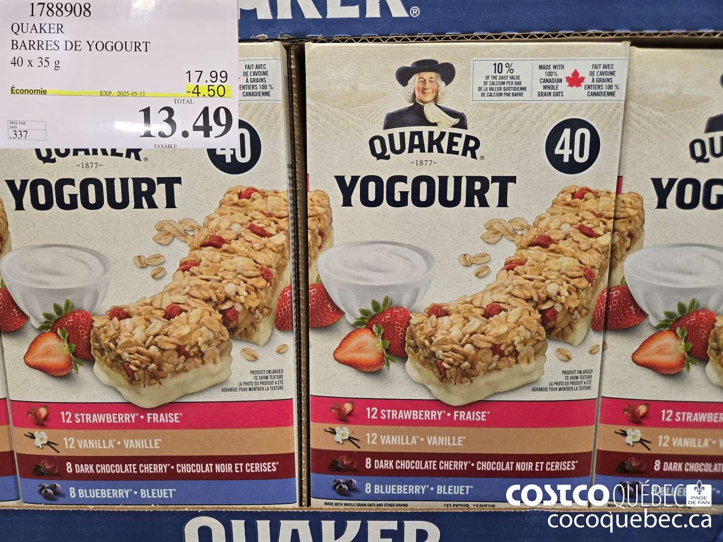 1788908 QUAKER BARRES DE YOGOURT 40 x 35 g  ($4.50 INSTANT SAVINGS EXPIRES ON 2025-05-11) $13.49