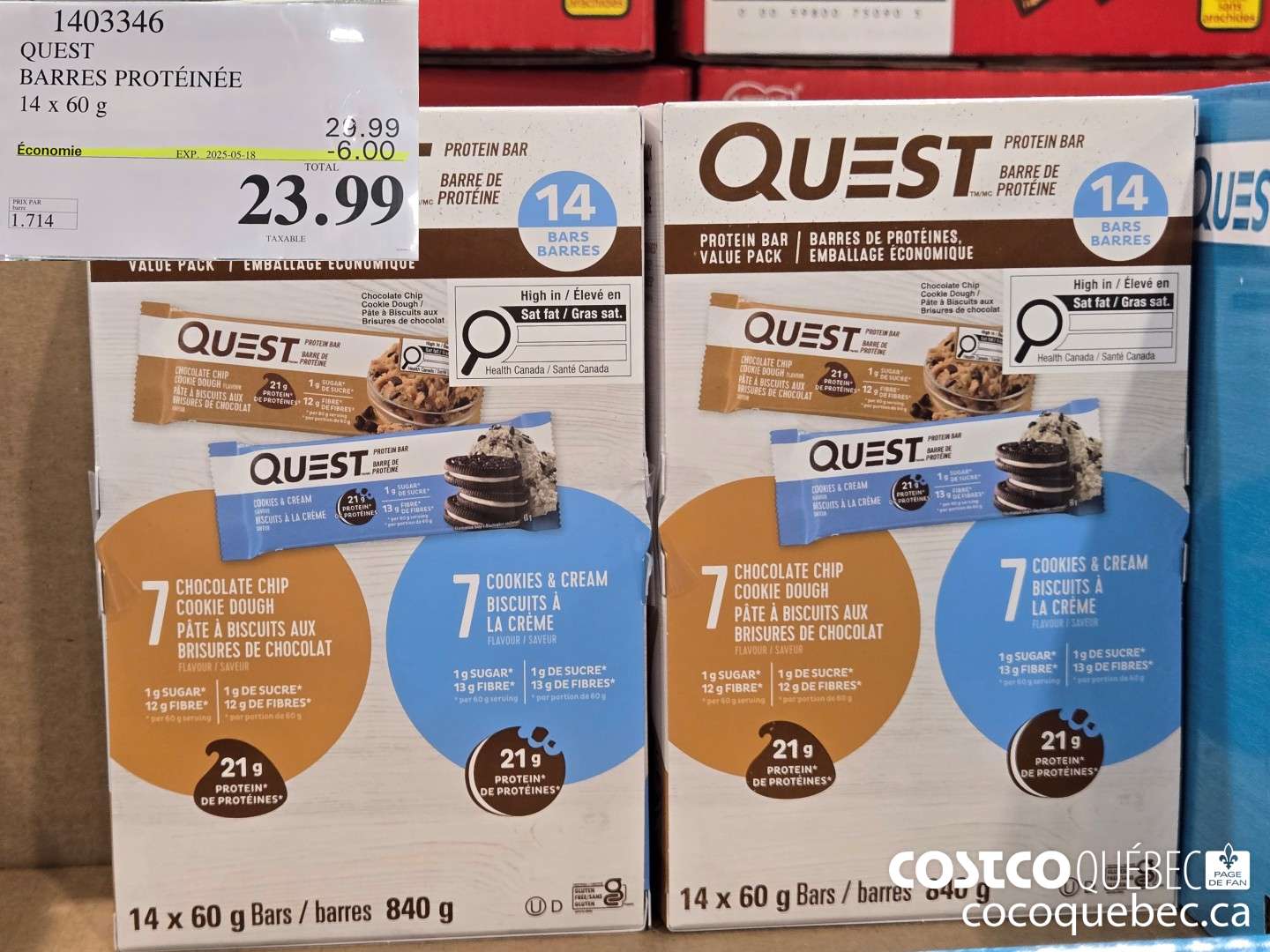 1403346 QUEST BARRE DE PROTEINE 14x 60 G ($6.00 INSTANT SAVINGS EXPIRES ON 2025-05-18) $23.99