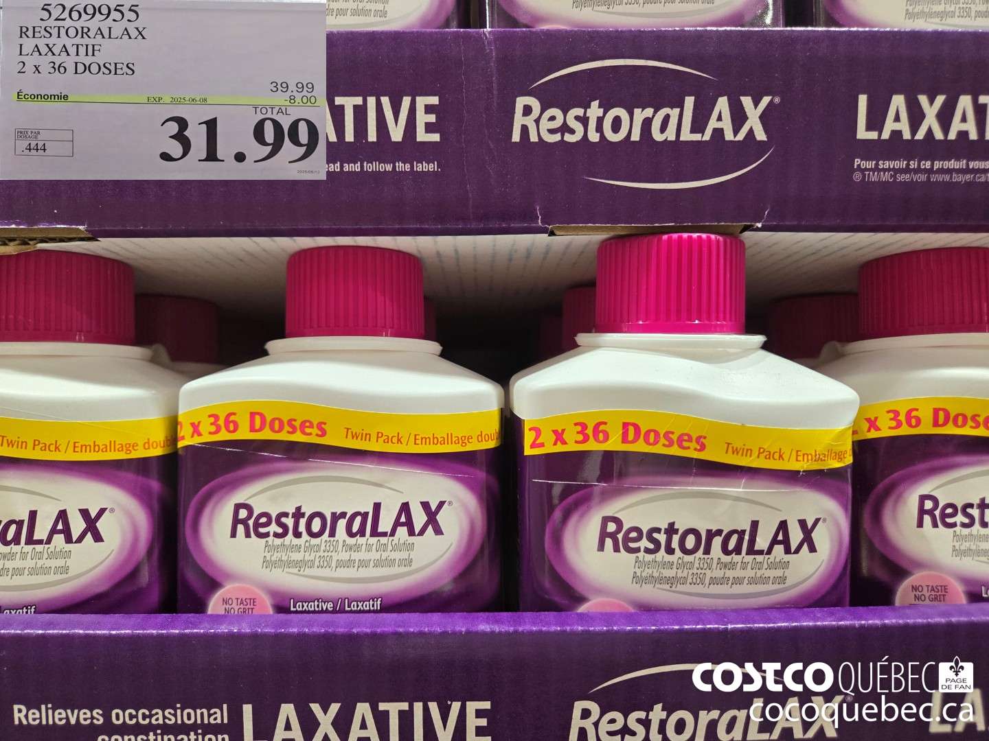 5269955 RESTORALAX LAXATIF 2 x 36 DOSES  ($8.00 INSTANT SAVINGS EXPIRES ON 2025-06-08) $31.99