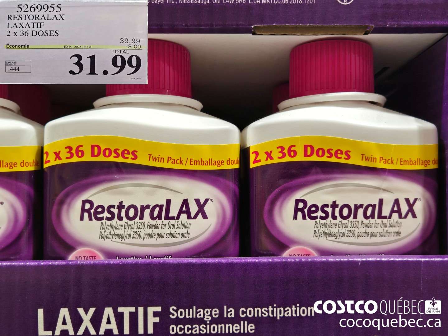 5269955 RESTORALAX LAXATIF 2 x 36 DOSES  ($8.00 INSTANT SAVINGS EXPIRES ON 2025-06-08) $31.99