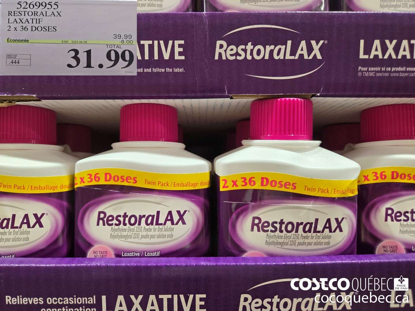 5209955 RESTORALAX LAXATIF 2 x 36 DOSES  ($8.00 INSTANT SAVINGS EXPIRES ON 2025-06-08) $31.99