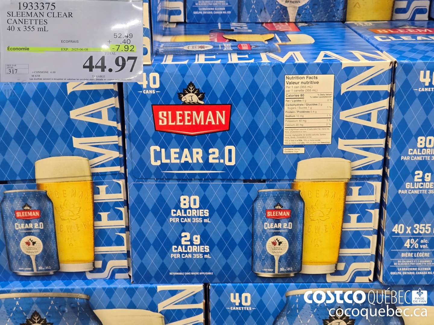 1933375 SLEEMAN CLEAR CANETTES a 44 x Q } io 17 | +CONSIGNE 4.00 eM 6/08 TAXABLE Les écofrais servent a récupérer et valoriser les produits visés. Détails au costco.ca/erofral  ($7.92 INSTANT SAVINGS EXPIRES ON 2025-06-08) $44.97