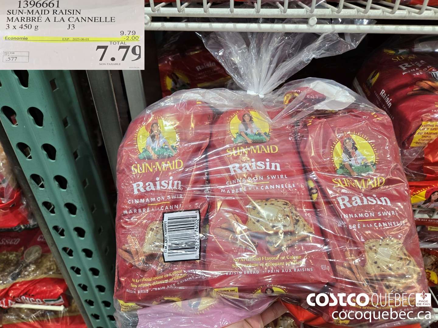 1396661 SUN-MAID RAISIN MARBRE A LA CANNELLE 3 x 450 g ($2.00 INSTANT SAVINGS EXPIRES ON 2025-06-01) $7.79