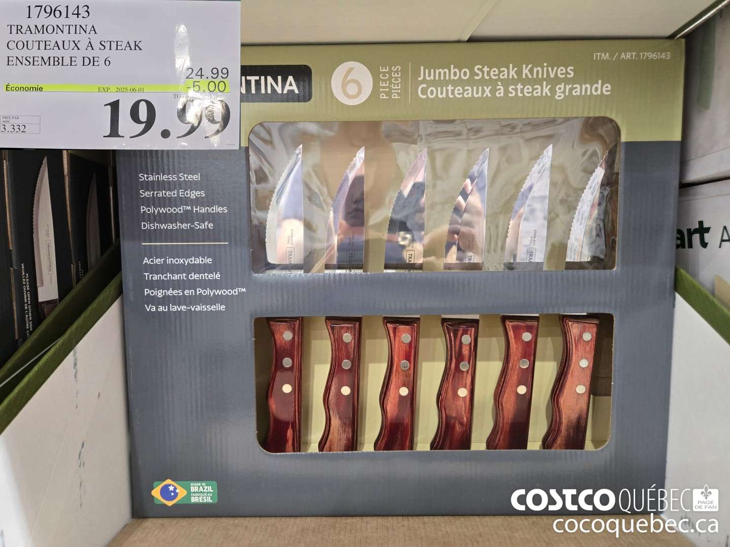 1796143 TRAMONTINA COUTEAUX A STEAK ENSEMBLE DE 6  ($5.00 INSTANT SAVINGS EXPIRES ON 2025-06-01) $19.99