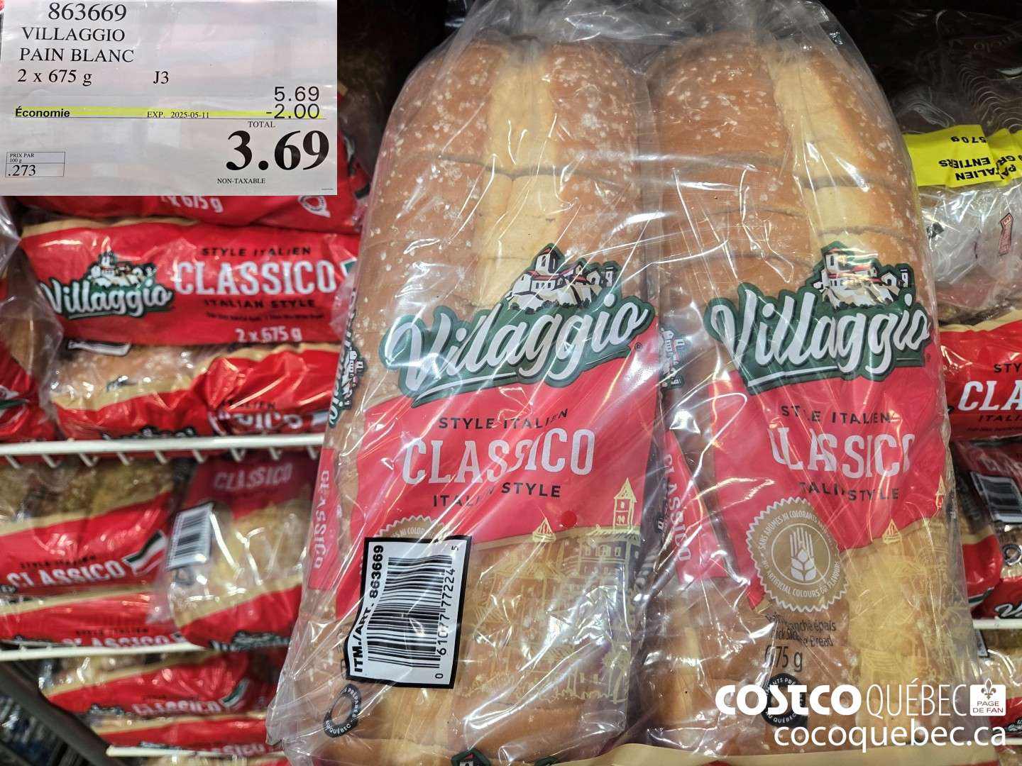 863669 VILLAGGIO PAIN BLANC 2x 675 g J3  ($2.00 INSTANT SAVINGS EXPIRES ON 2025-05-11) $3.69