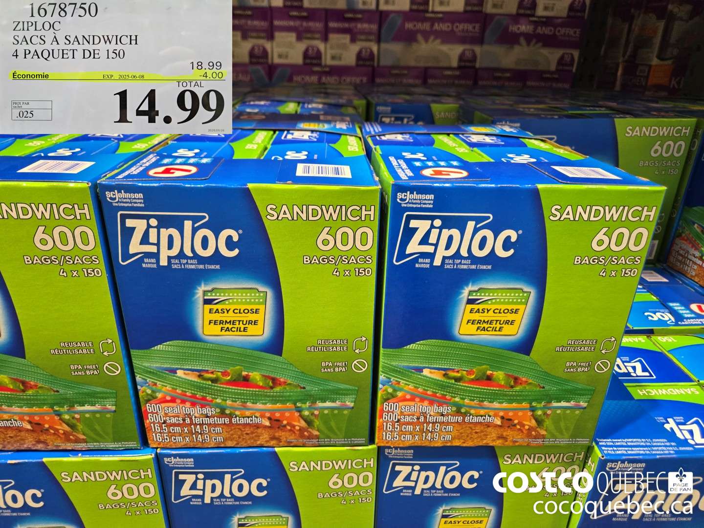 1678750 ZIPLOC SACS A SANDWICH 4 PAQUET DE 150  ($4.00 INSTANT SAVINGS EXPIRES ON 2025-06-08) $14.99