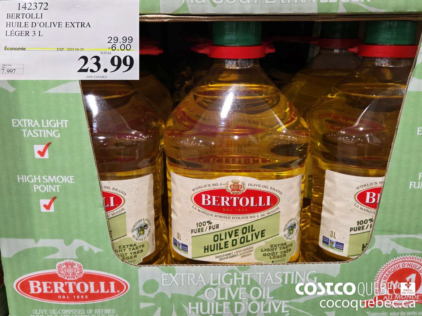 142372 BERTOLLI HUILE D'OLIVE EXTRA LEGER 3 L  ($6.00 INSTANT SAVINGS EXPIRES ON 2025-06-29) $23.99