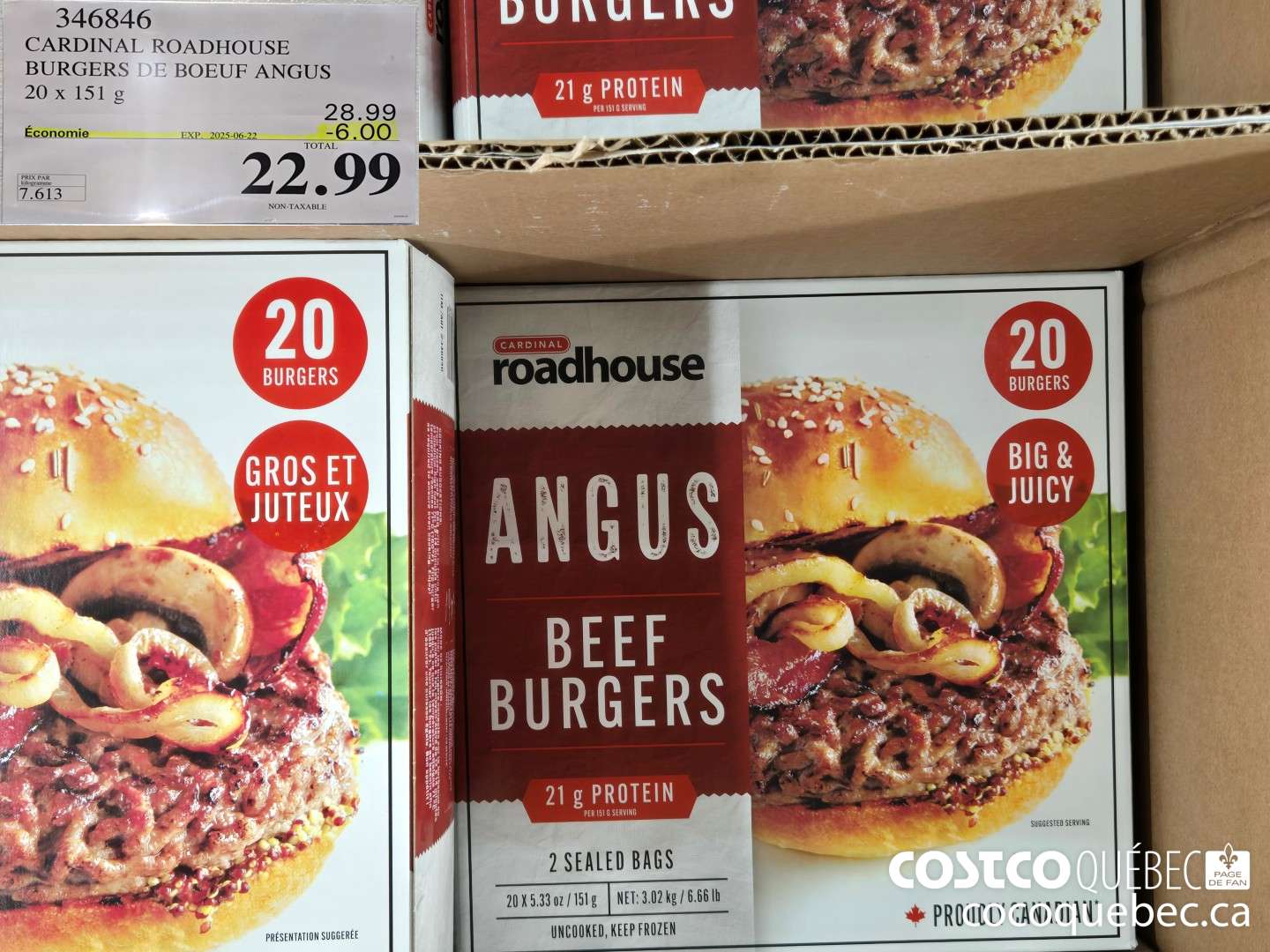 346846 CARDINAL ROADHOUSE BURGERS DE BOEUF ANGUS 20 x 151 G  ($6.00 INSTANT SAVINGS EXPIRES ON 2025-06-22) $22.99