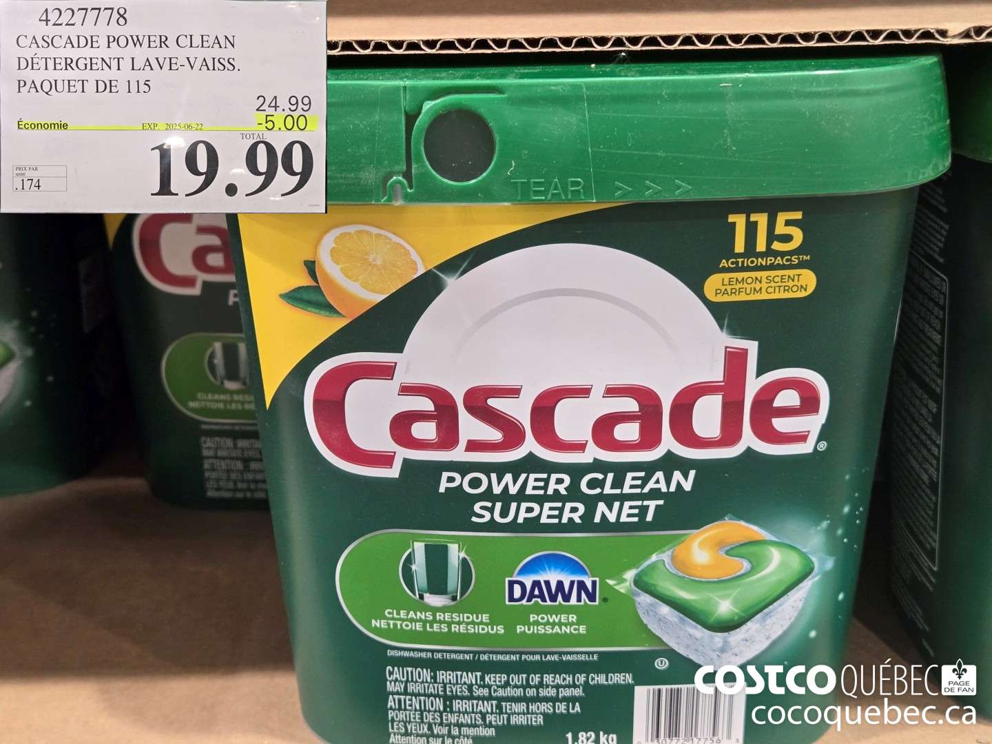 4227778 CASCADE POWER CLEAN DETERGENT LAVE-VAISS. PAQUET DE 115  ($5.00 INSTANT SAVINGS EXPIRES ON 2025-06-22) $19.99