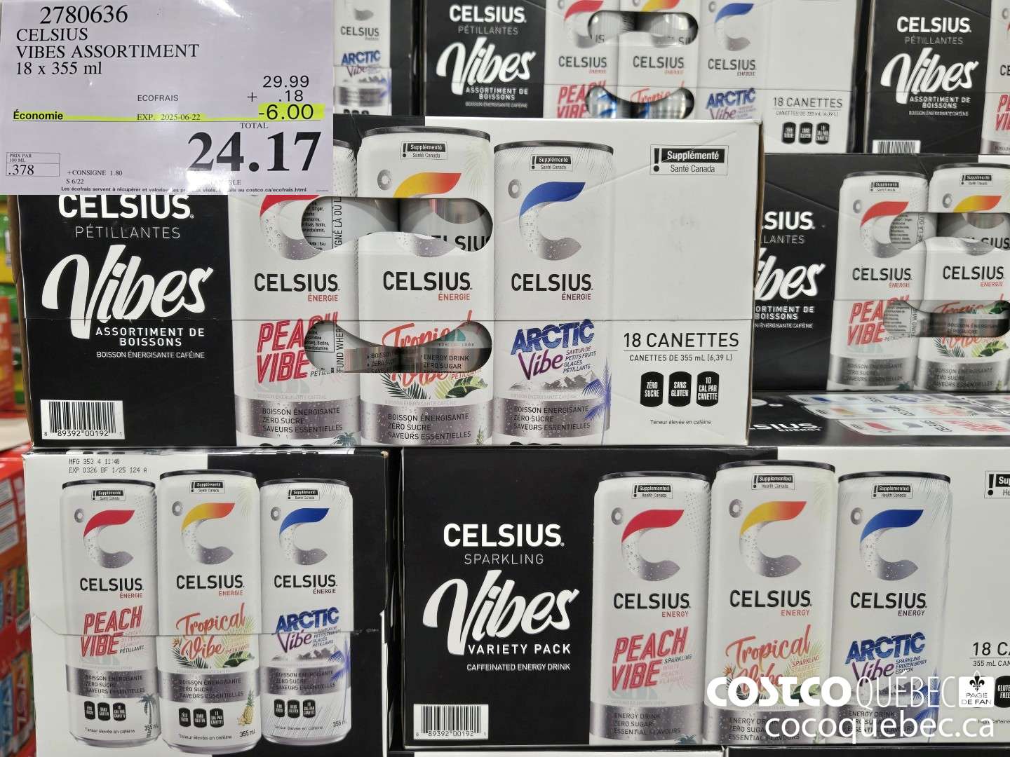 2780636 CELSIUS VIBES ASSORTIMENT 18 x 355 ml  ($6.00 INSTANT SAVINGS EXPIRES ON 2025-06-22) $24.17