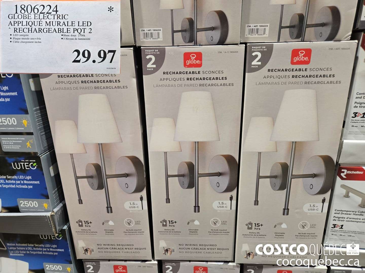 1806224 GLOBE ELECTRIC APPLIQUE MURALE LED RECHARGEABLE PQT 2  $29.97