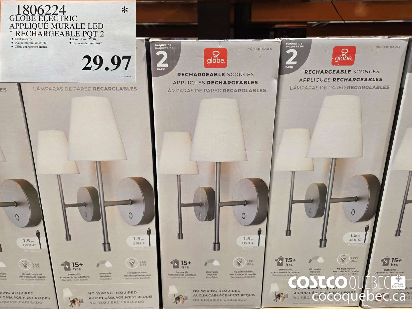 1806224 GLOBE ELECTRIC APPLIQUE MURALE LED RECHARGEABLE PQT 2  $29.97