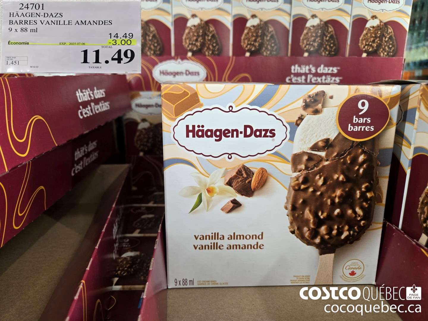 24701 HAAGAN -DAZS BARRES VANILLE AMANDES 9 x 88 mL ($3.50 INSTANT SAVINGS EXPIRES ON 2025-07-06) $11.49