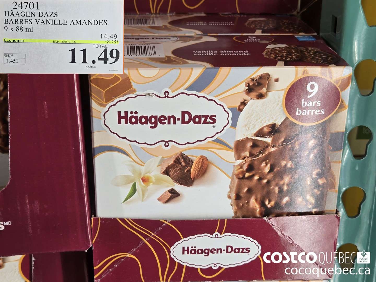 24701 HAAGAN -DAZS BARRES VANILLE AMANDES 9 x 88 mL ($3.50 INSTANT SAVINGS EXPIRES ON 2025-07-06) $11.49