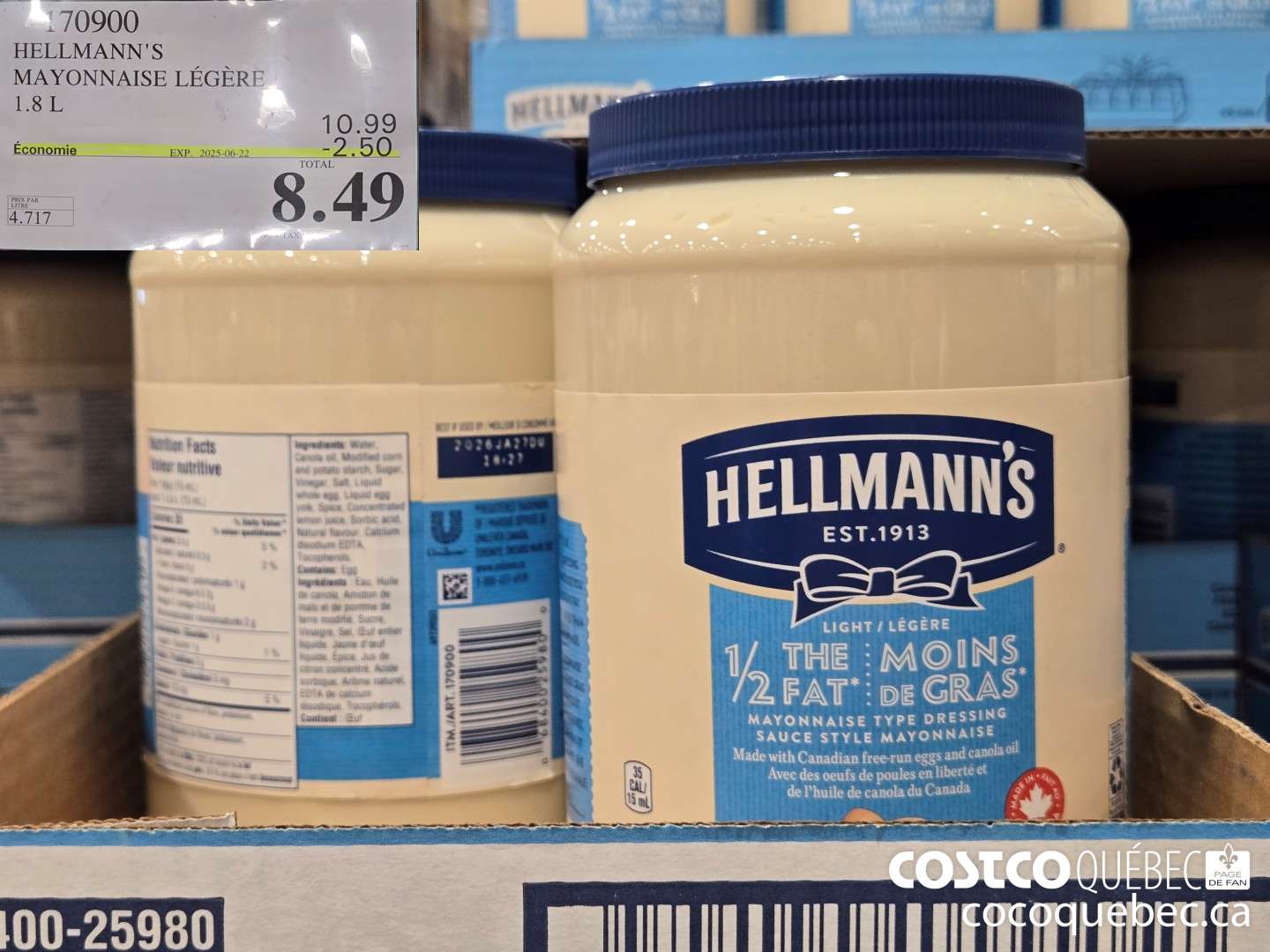 170900 HELLMANN'S MAYONNAISE LEGERE 1.8 L 2025-06-22 ($2.50 INSTANT SAVINGS) $8.49