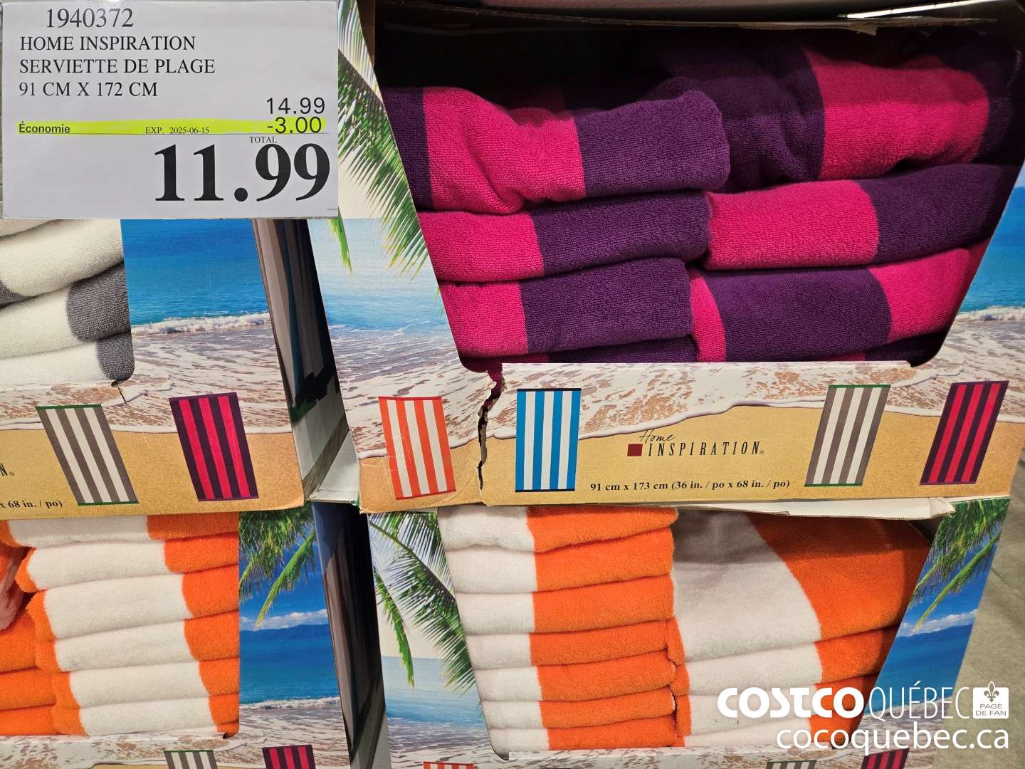 1940372 HOME INSPIRATION SERVIETTE DE PLAGE 91 CM X 172 CM  ($3.00 INSTANT SAVINGS EXPIRES ON 2025-06-15) $11.99