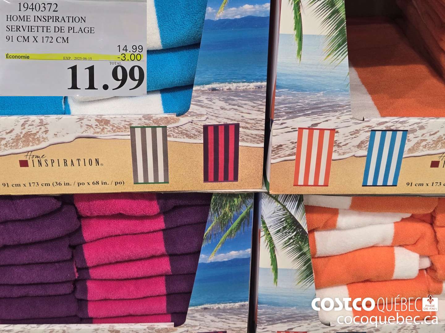 1940372 HOME INSPIRATION SERVIETTE DE PLAGE 91 CM X 172 CM  ($3.00 INSTANT SAVINGS EXPIRES ON 2025-06-15) $11.99