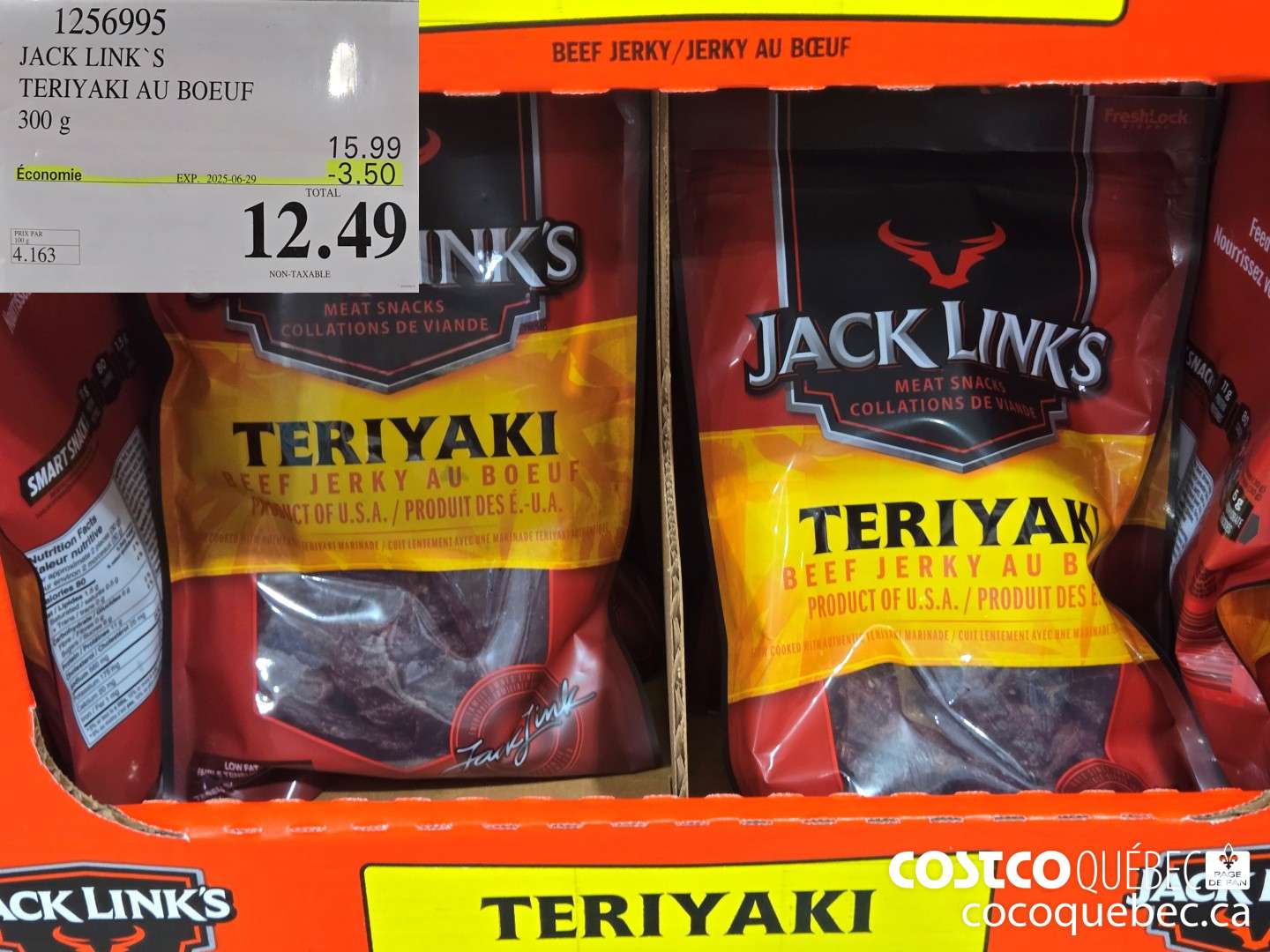 1256995 JACK LINKS TERIYAKI AU BOEUF 300 g ($3.50 INSTANT SAVINGS EXPIRES ON 2025-06-29) $12.49