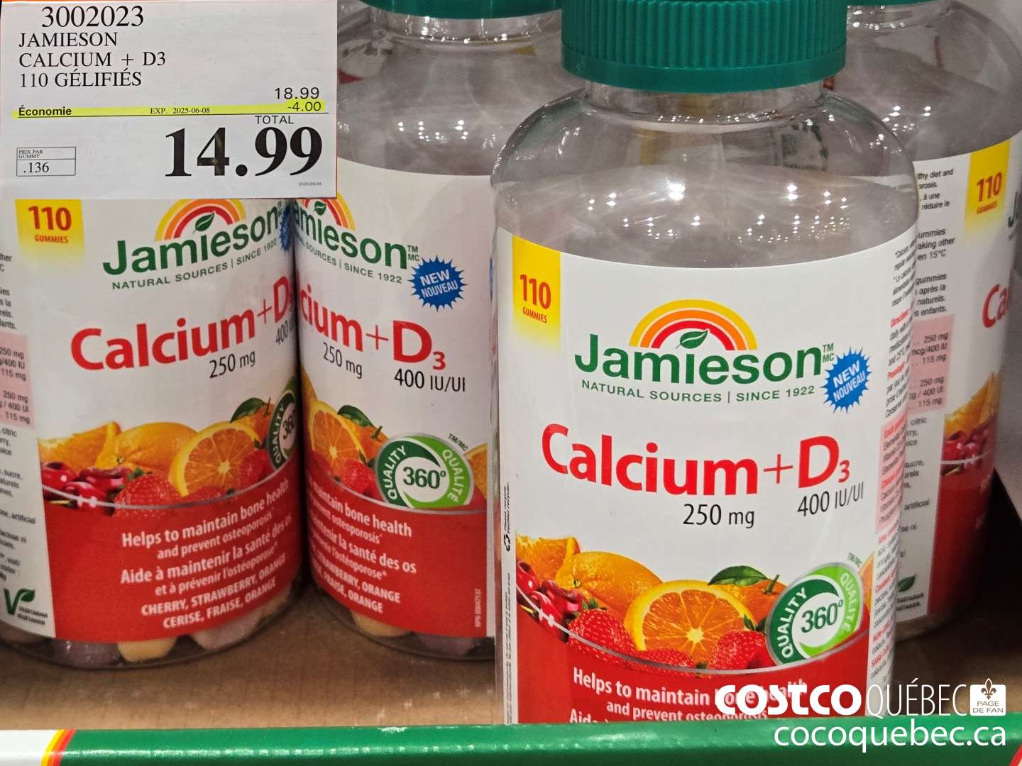 3002023 JAMIESON CALCIUM 250MG+D3 400IU 110 GELIFIES  ($4.00 INSTANT SAVINGS EXPIRES ON 2025-06-08) $14.99