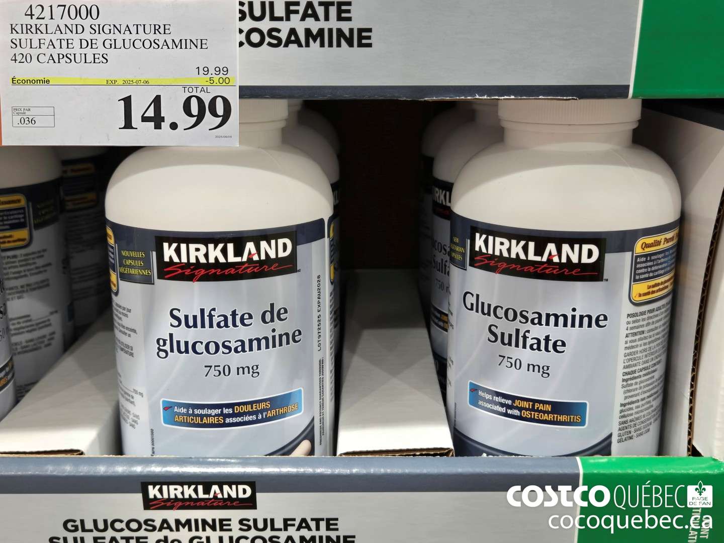 4217000 KIRKLAND SIGNATURE SULFATE DE GLUCO 420 CAPSULES  2025-07-06 ($5.00 INSTANT SAVINGS) $14.99