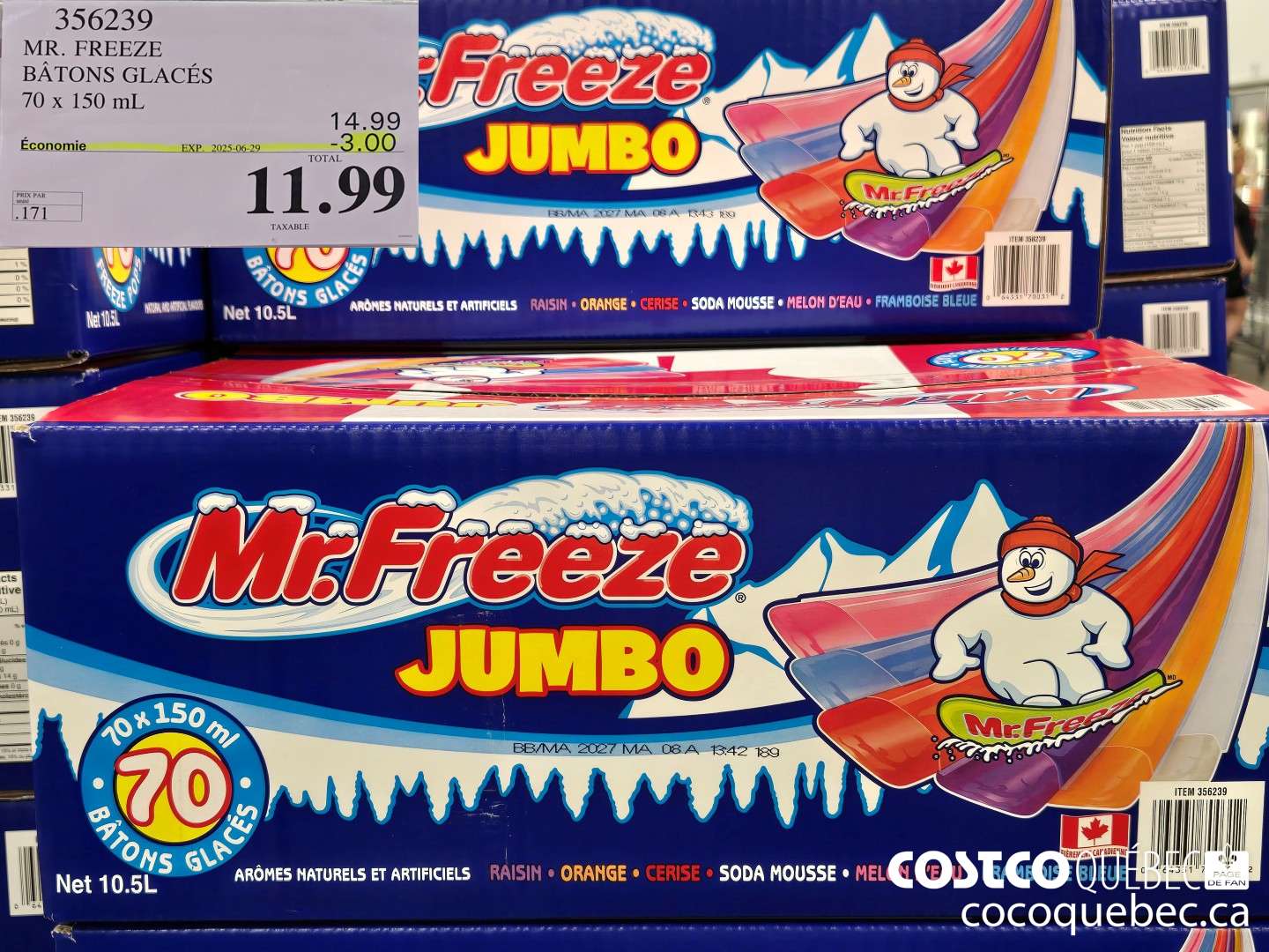 356239 MR. FREEZE BATONS GLACES 70 x 150 mL ($3.00 INSTANT SAVINGS EXPIRES ON 2025-06-29) $11.99