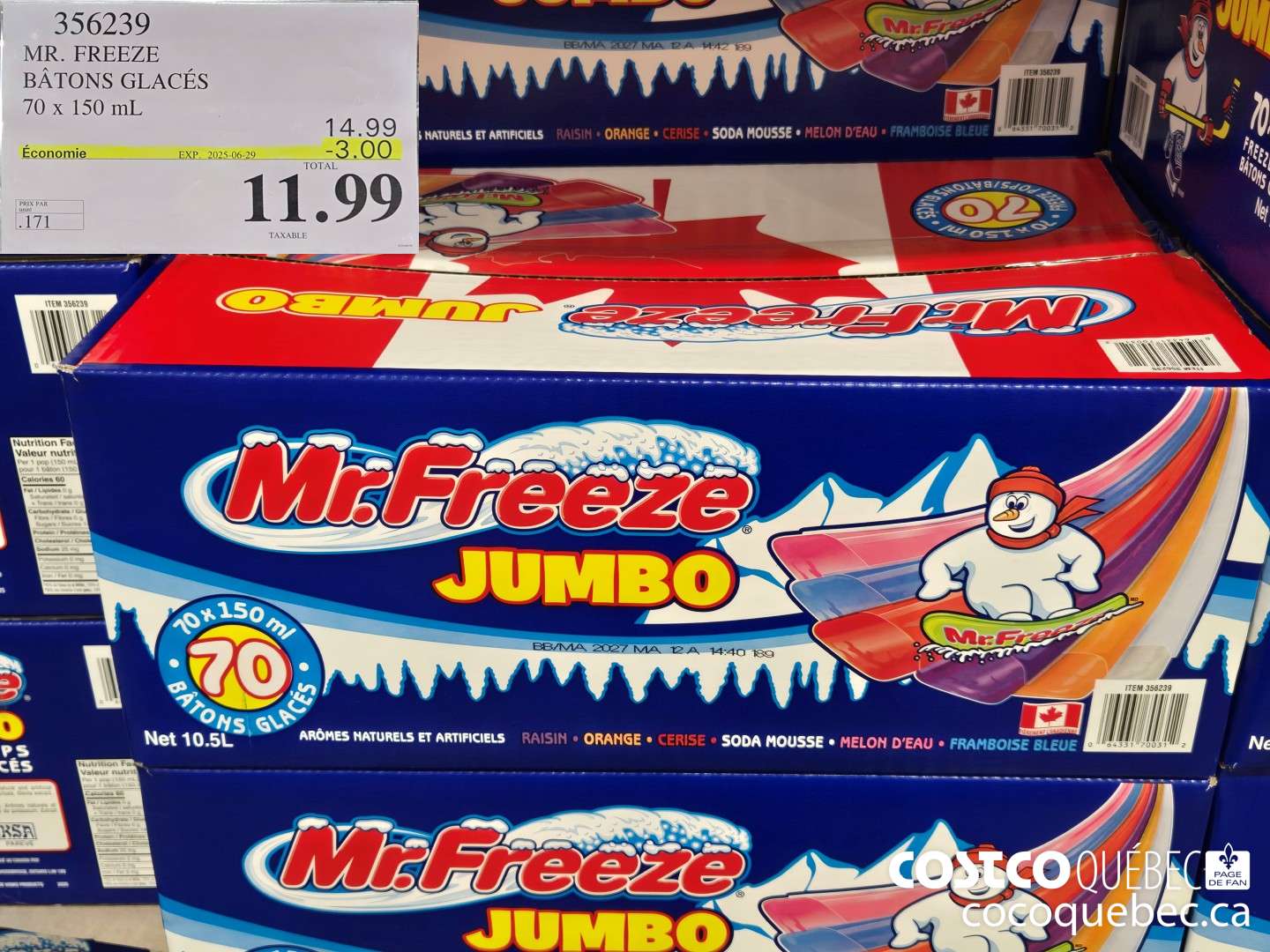 356239 MR. FREEZE BATONS GLACES 70 x 150 mL ($3.00 INSTANT SAVINGS EXPIRES ON 2025-06-29) $11.99