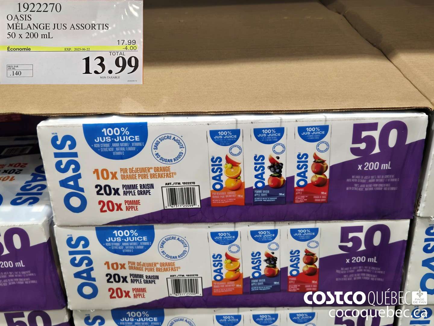 1922270 OASIS MELANGE JUS ASSORTIS 50x 200 mL  ($4.00 INSTANT SAVINGS EXPIRES ON 2025-06-22) $13.99
