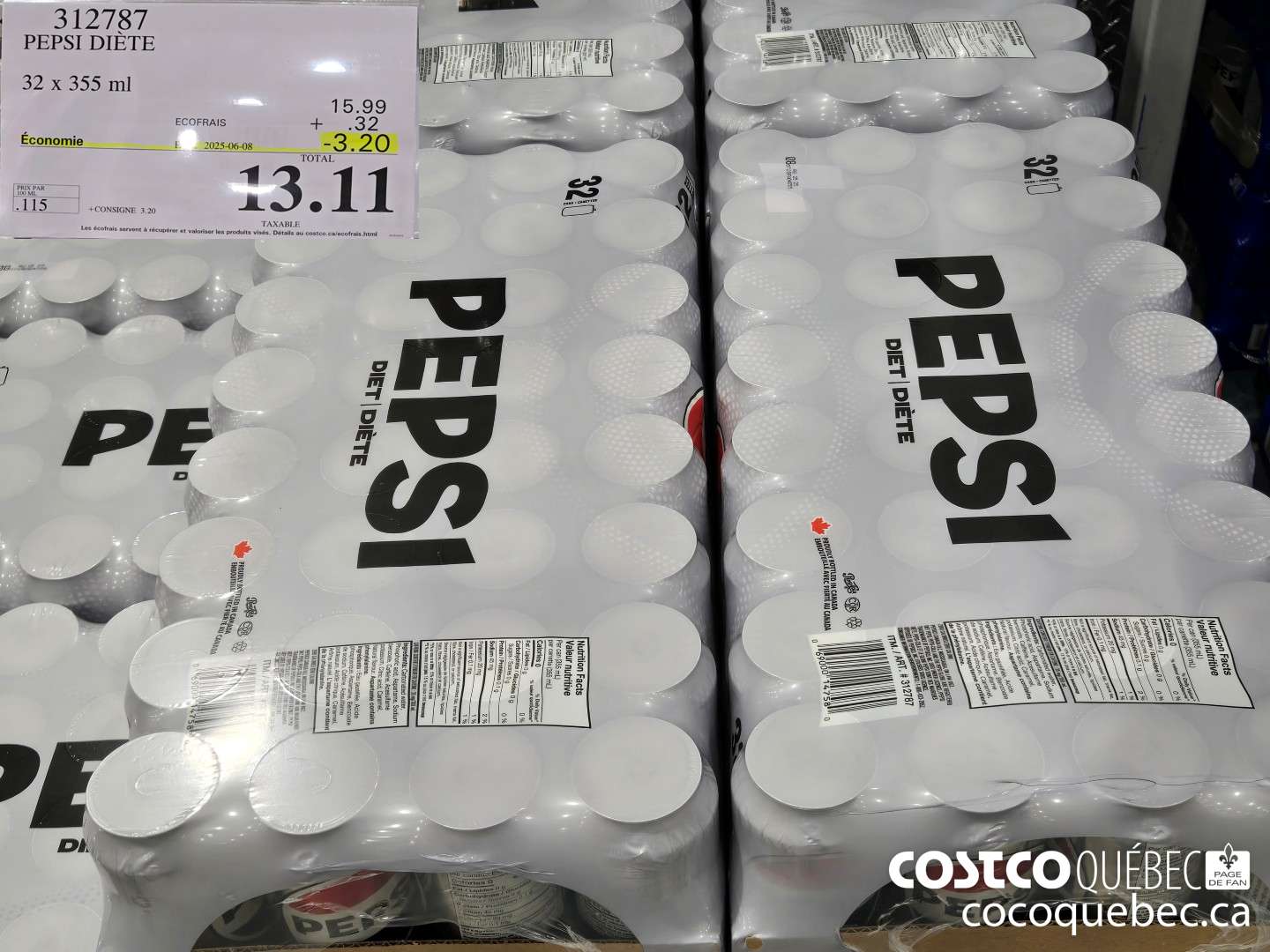 312787 PEPSI DIETE 32 x 355 ml  ($3.20 INSTANT SAVINGS EXPIRES ON 2025-06-08) $13.11