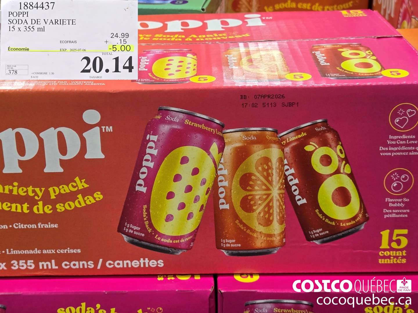 1884437 POPPI SODA DE VARIETE 15 x 355 ml  ($5.00 INSTANT SAVINGS EXPIRES ON 2025-07-06) $20.14