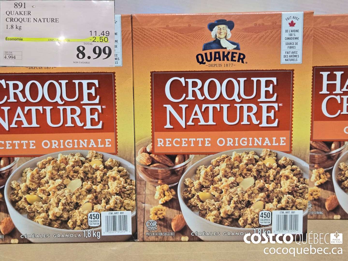 891 QUAKER CROQUE NATURE 1.8 kg 2 = 8,99  ($2.50 INSTANT SAVINGS EXPIRES ON 2025-07-06) $8.99