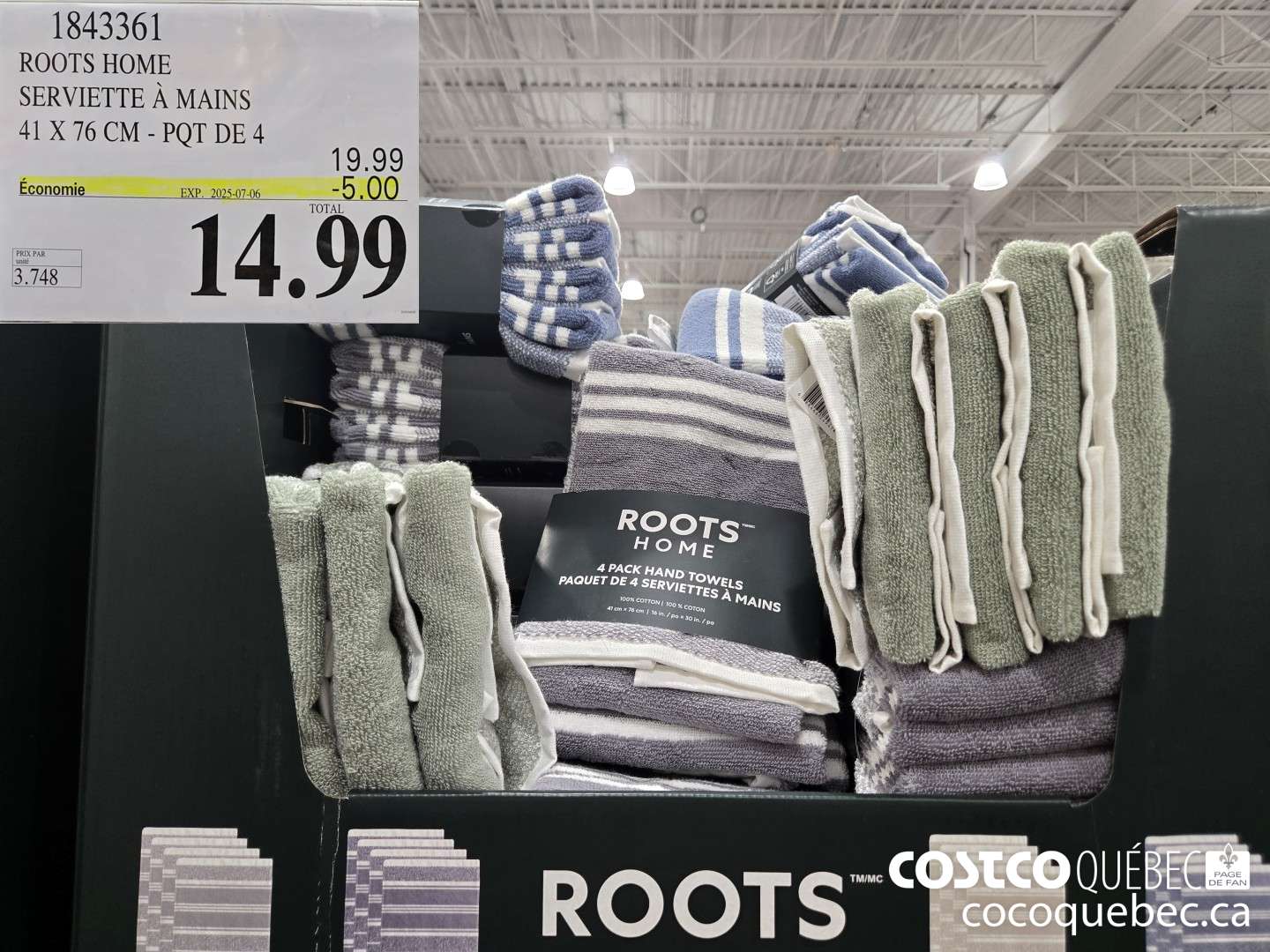 1843361 ROOTS HOME SERVIETTE A MAINS 41 X 76 CM -PQT DE 4  ($5.00 INSTANT SAVINGS EXPIRES ON 2025-07-06) $14.99