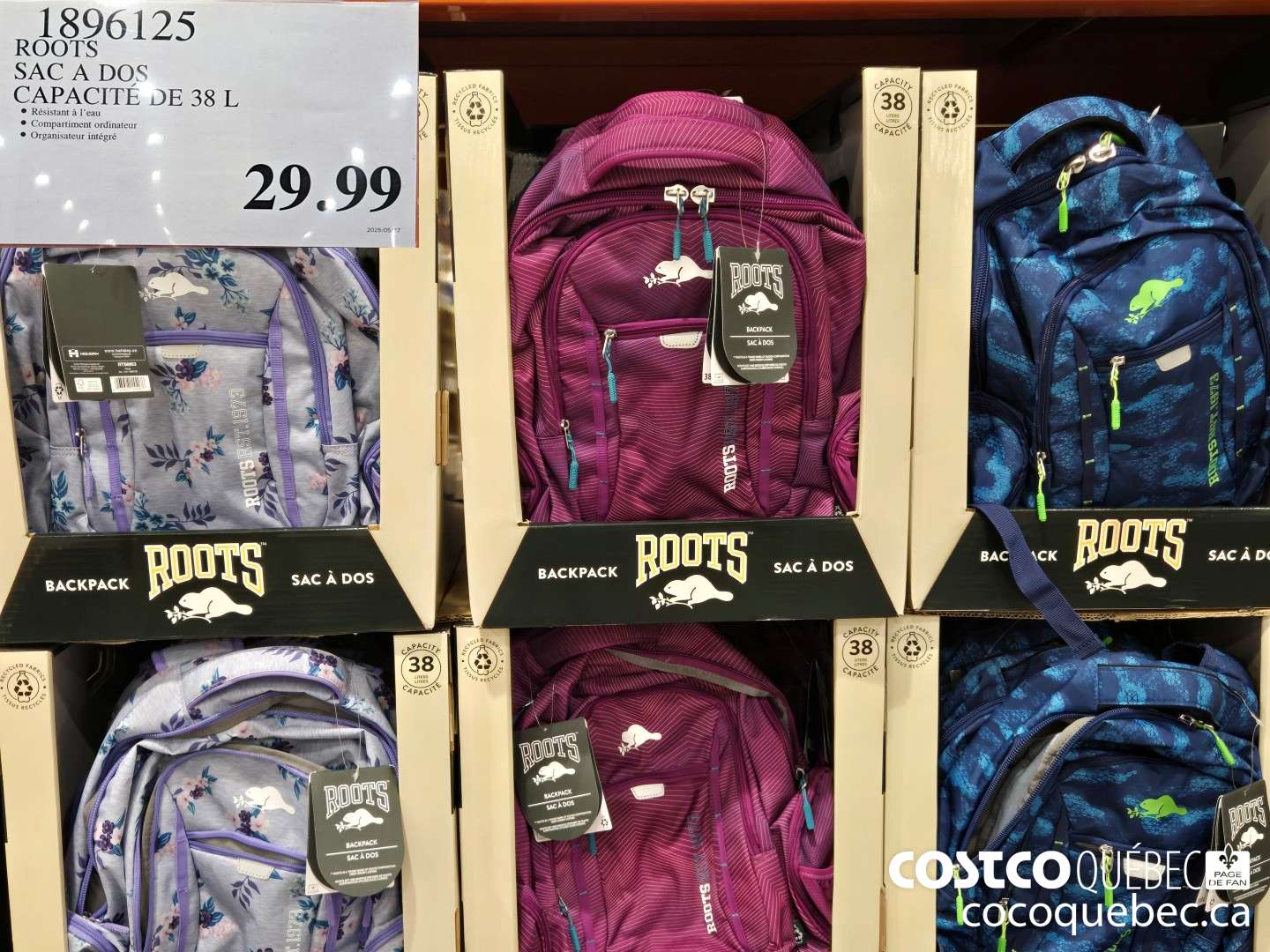 1896125 ROOTS SAC A DOS CAPACITE DE 38 L  $29.99