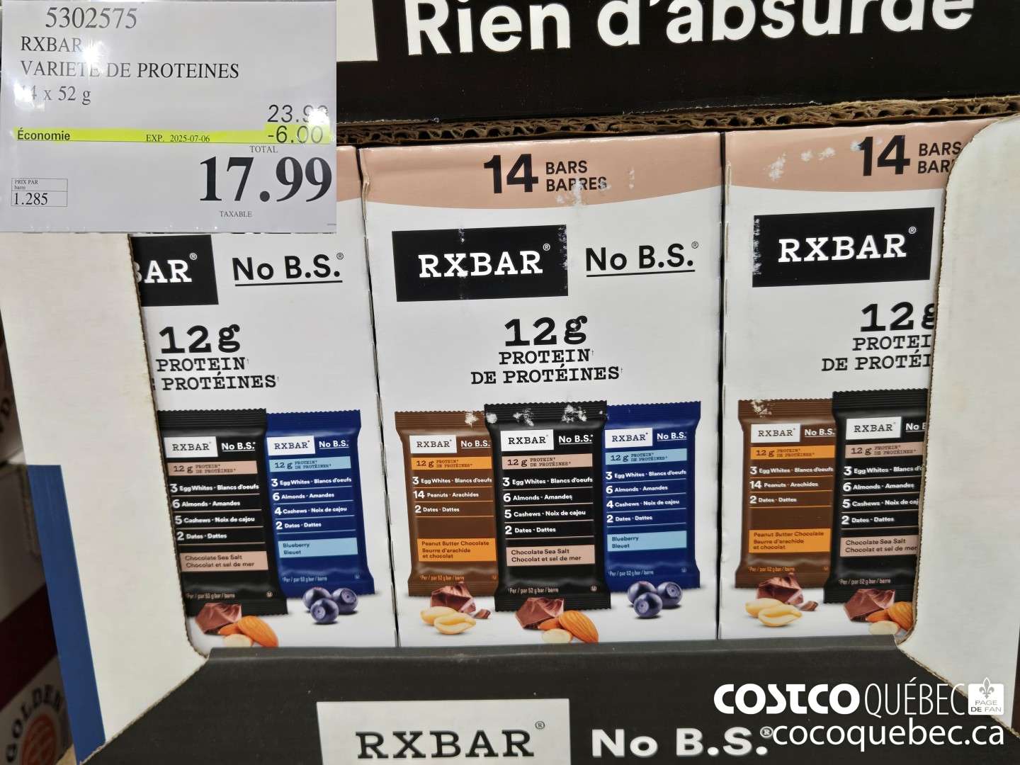 5302575 RXBAR VARIETE DE PROTEINFS ($5.00 INSTANT SAVINGS EXPIRES ON 2025-07-06) $17.99