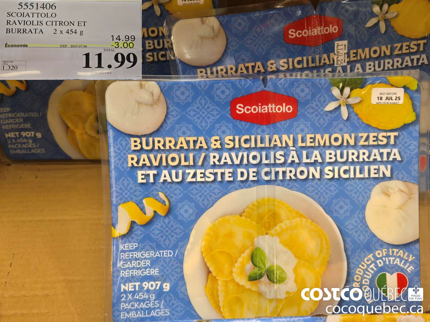 5551406 SCOIATTOLO RAVIOLIS CITRON ET BURRATA 2x 454 LALAL L\BLE 11.99 0 PO NS | oe MARE Sh Se Pe  ($3.00 INSTANT SAVINGS EXPIRES ON 2025-07-06) $11.99