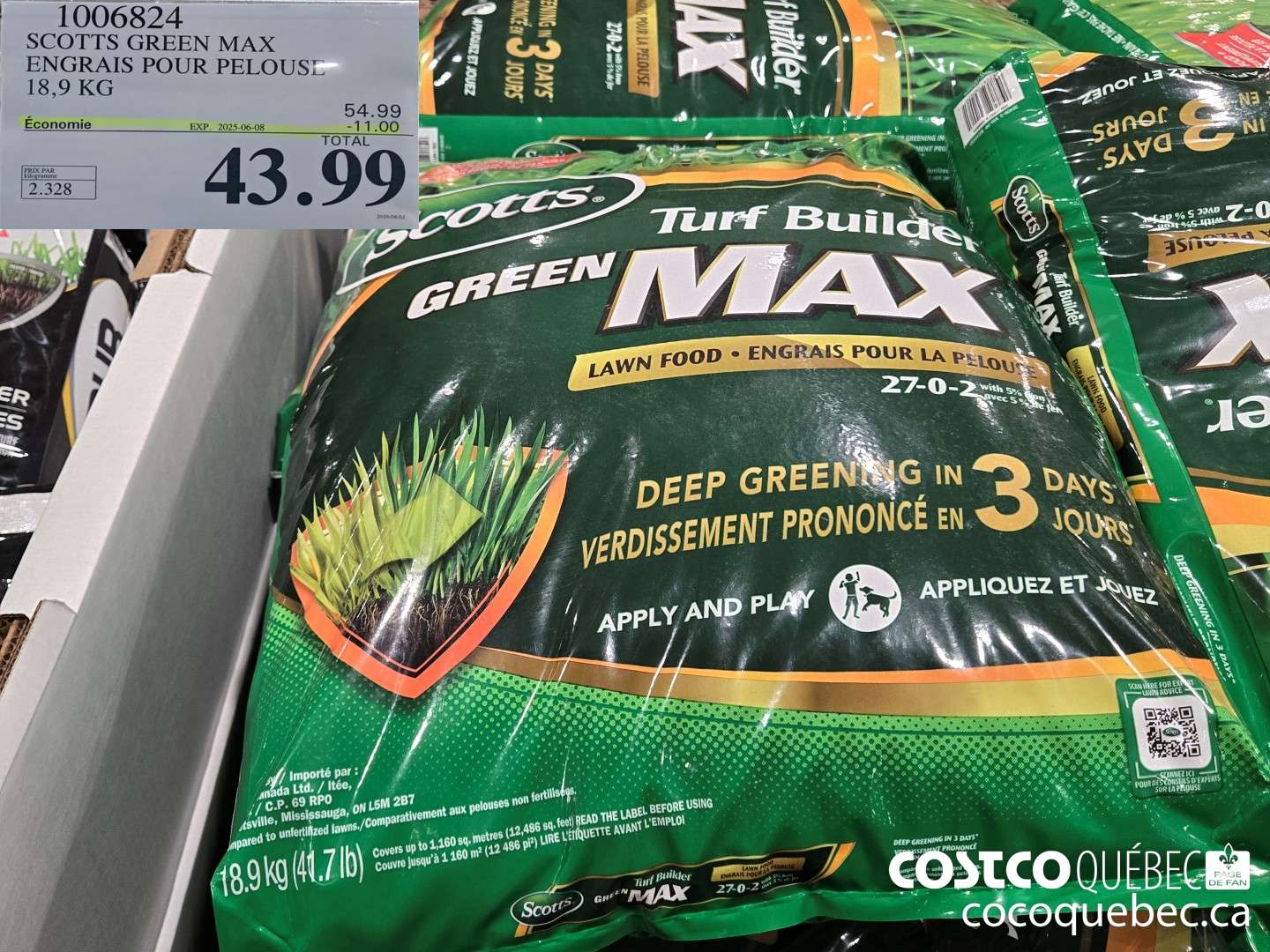 1006824 SCOTTS GREEN MAX ENGRAIS POUR PELOUSE  ($11.00 INSTANT SAVINGS EXPIRES ON 2025-06-08) $43.99