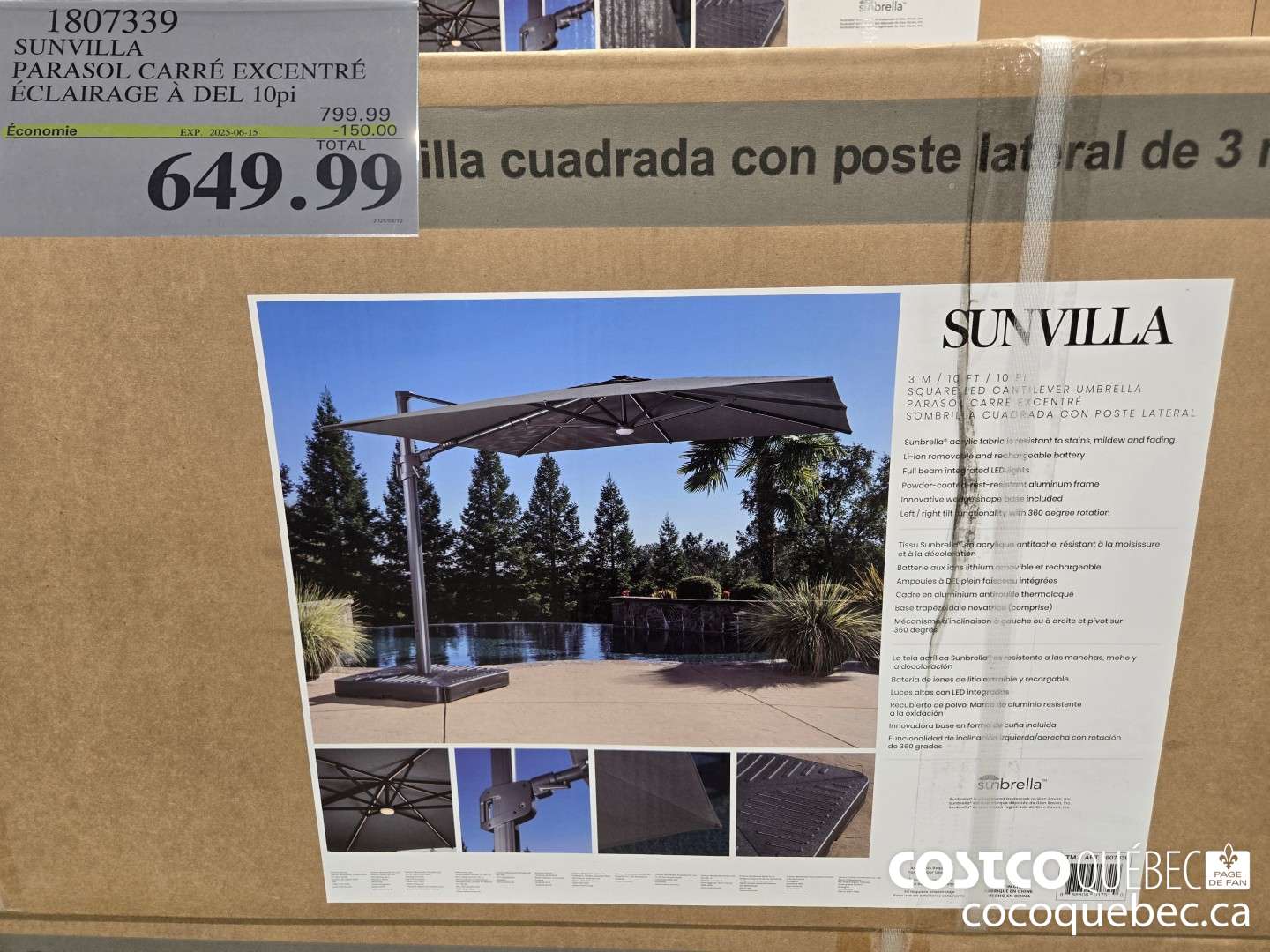1807339 SUNVILLA PARASOL CARRE EXCENTRE ECLAIRAGE A DEL 10pi  ($150.00 INSTANT SAVINGS EXPIRES ON 2025-06-15) $649.99