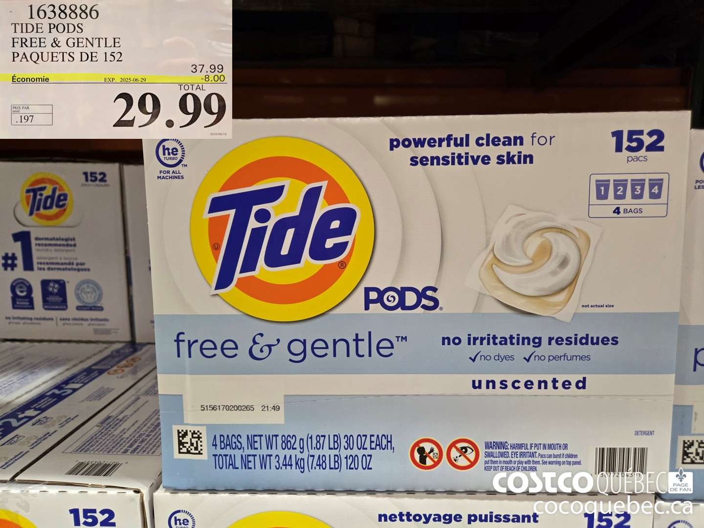 1638886 TIDE PODS FREE & GENTLE PAQUETS DE 152  ($8.00 INSTANT SAVINGS EXPIRES ON 2025-07-06) $29.99