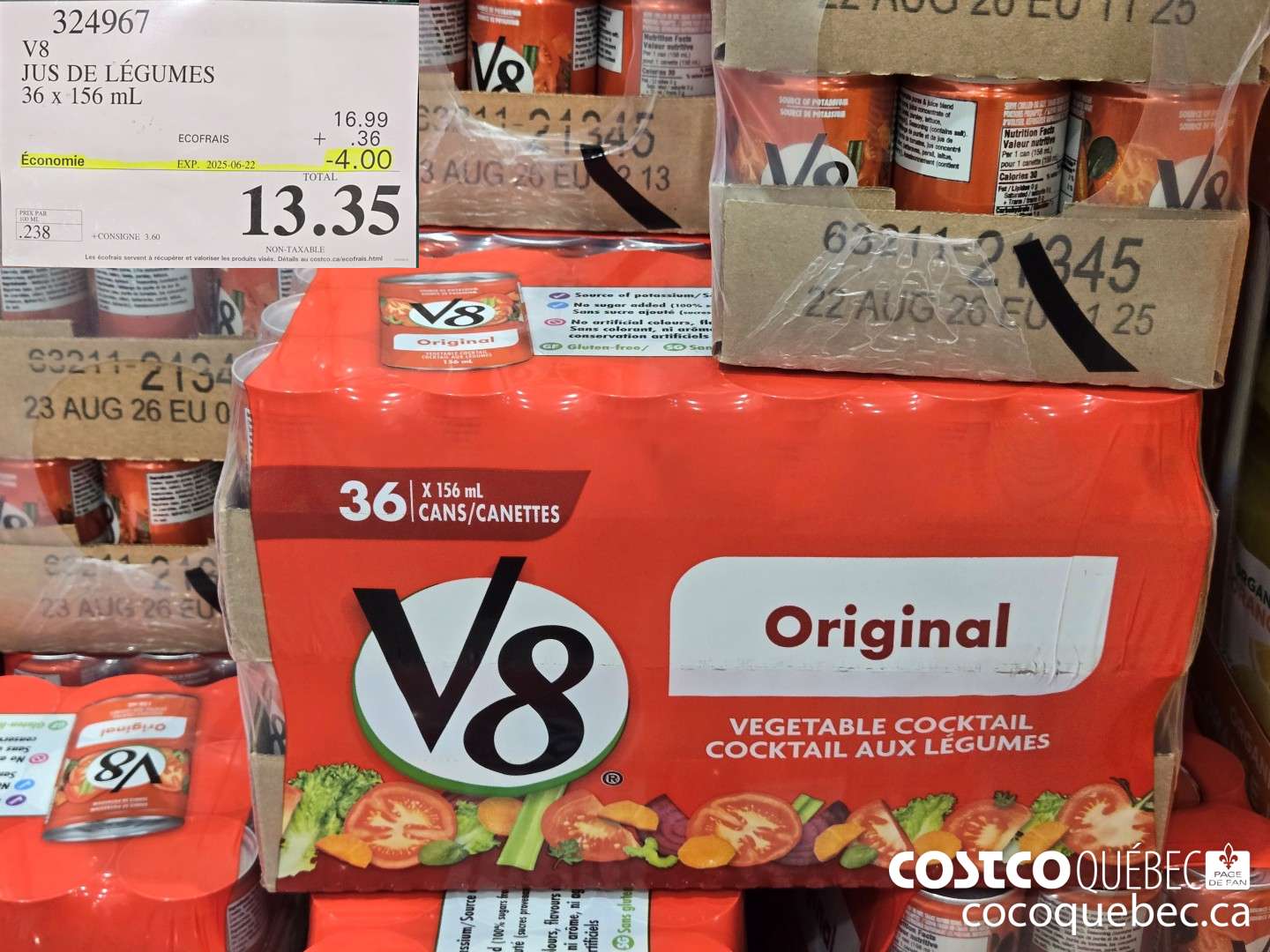 324967 V8 JUS DE LEGUMES 36 x 156 mL $13.352.99 2025-06-22 ($4.00 INSTANT SAVINGS) $13.35