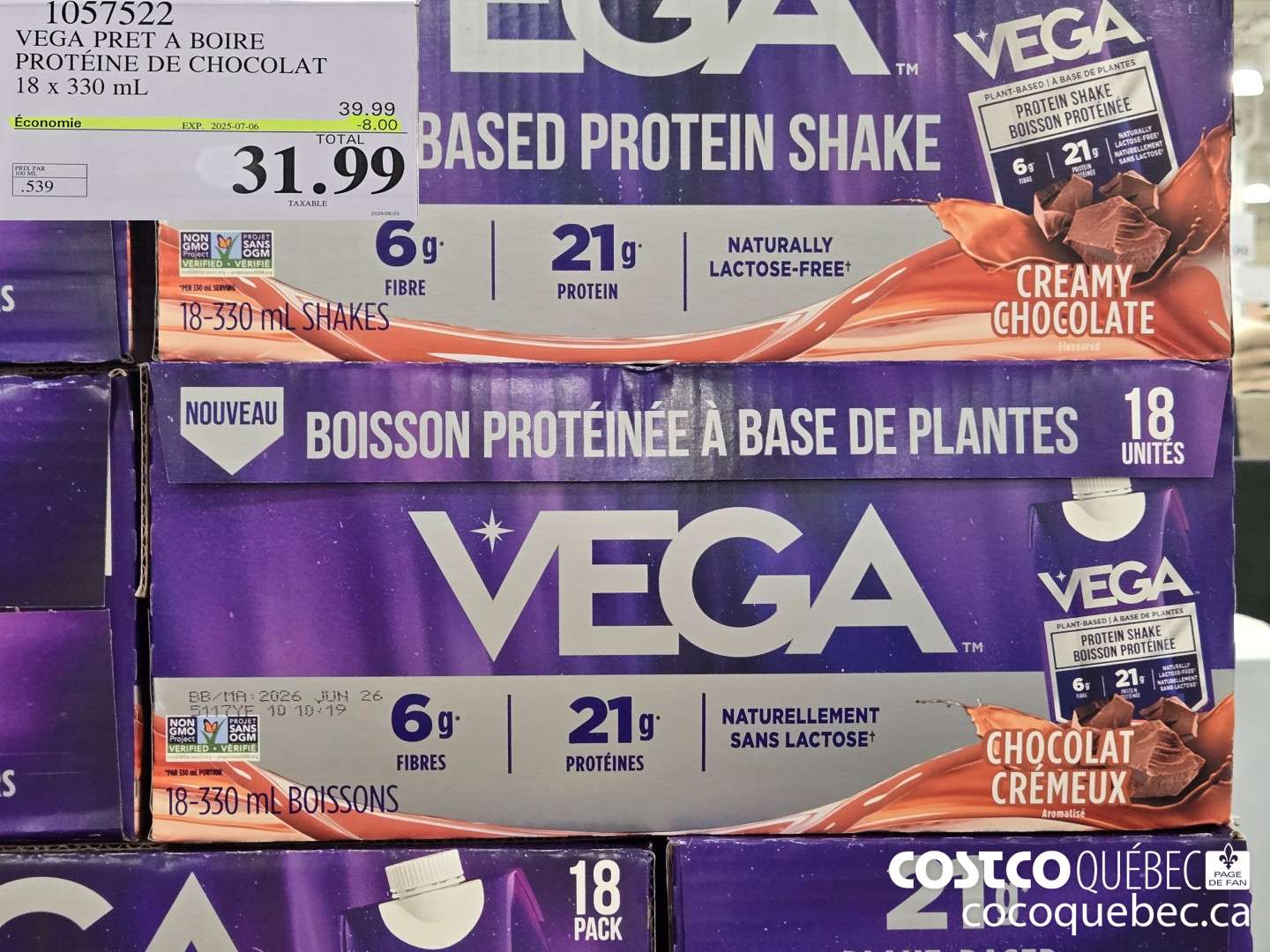 1057522 VEGA PRET A BOIRE PROTEINE DE CHOCOLAT 18 x 330 mL  ($8.00 INSTANT SAVINGS EXPIRES ON 2025-07-06) $31.99