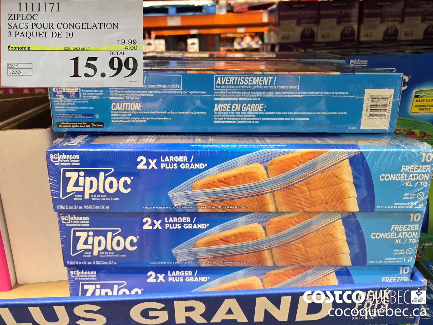 1111171 ZIPLOC SACS POUR CONGELATION 3 PAQUET DE 10  ($4.00 INSTANT SAVINGS EXPIRES ON 2025-06-22) $15.99